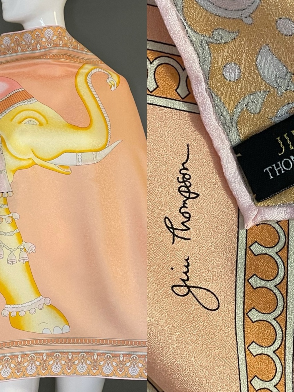 Delightful Vintage Jim Thompson Ivonic Elephant Silk Scarf 34 In Exc Condition